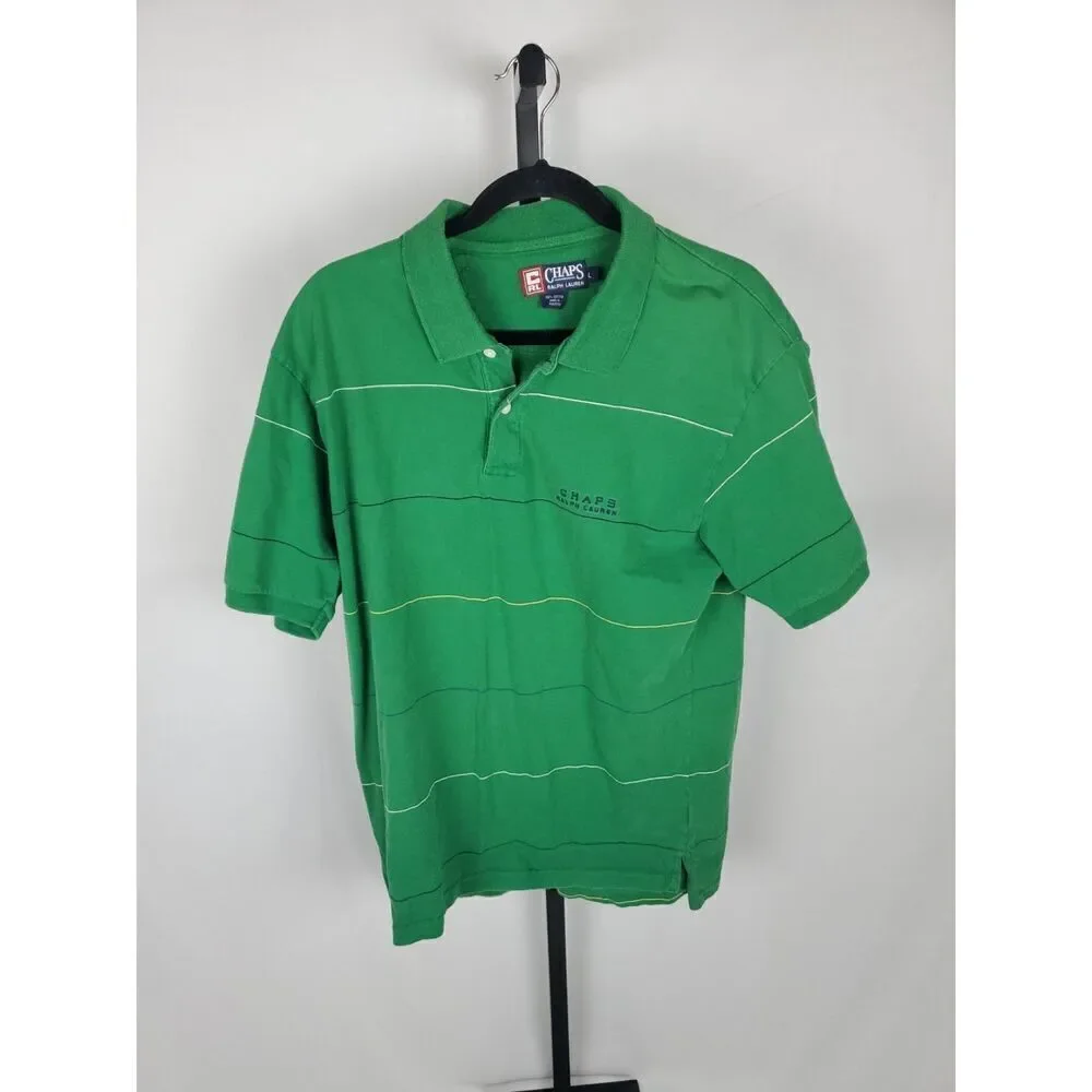 Vintage 90s Ralph Lauren Chaps Green Striped Mens Large Collar Button Polo Shirt